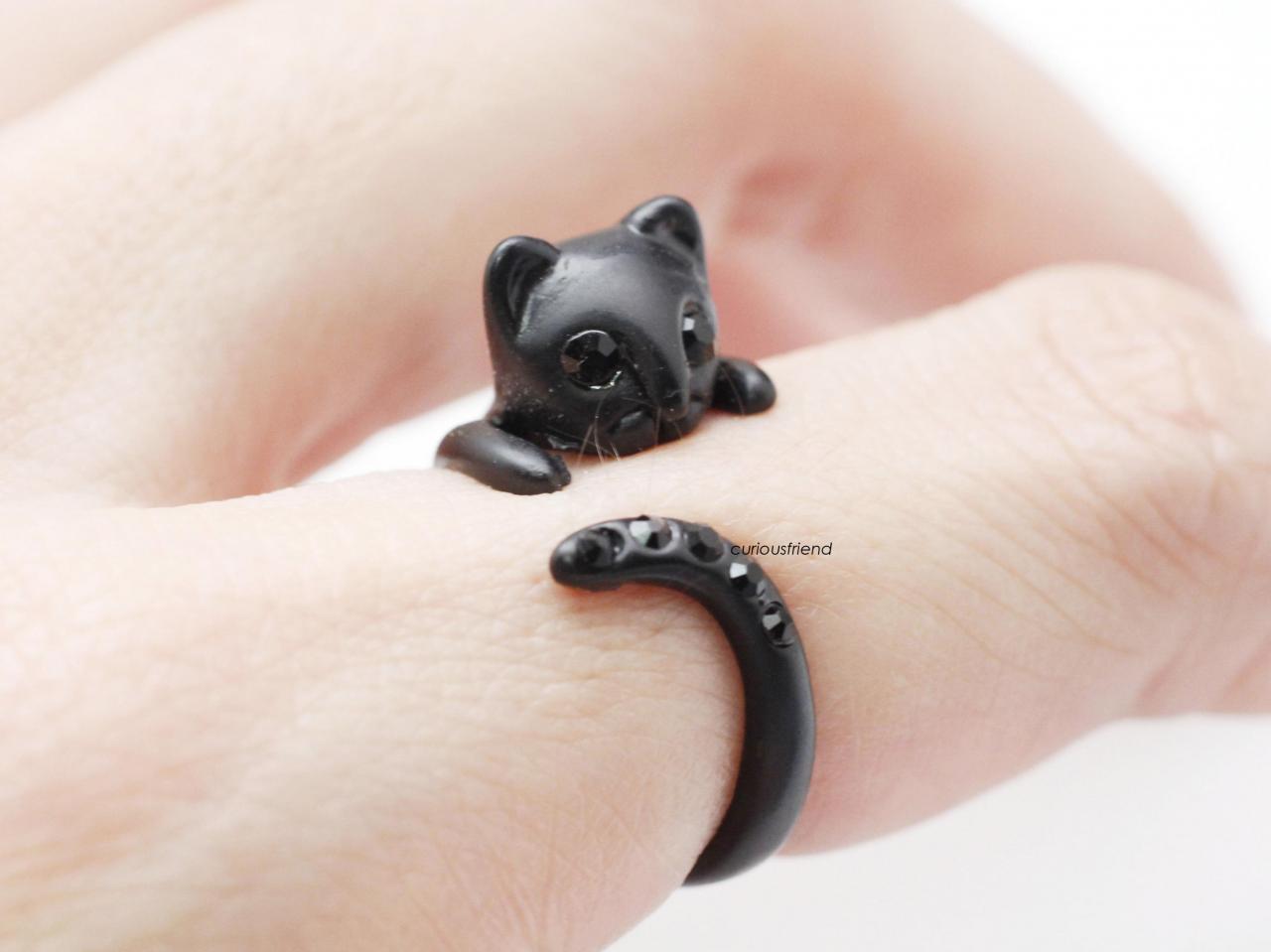 Adjustable Cute Black Kitty Cat With Black Cubic Tail Ring,cat Ring